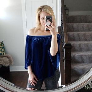 Blue velvet off shoulder top
